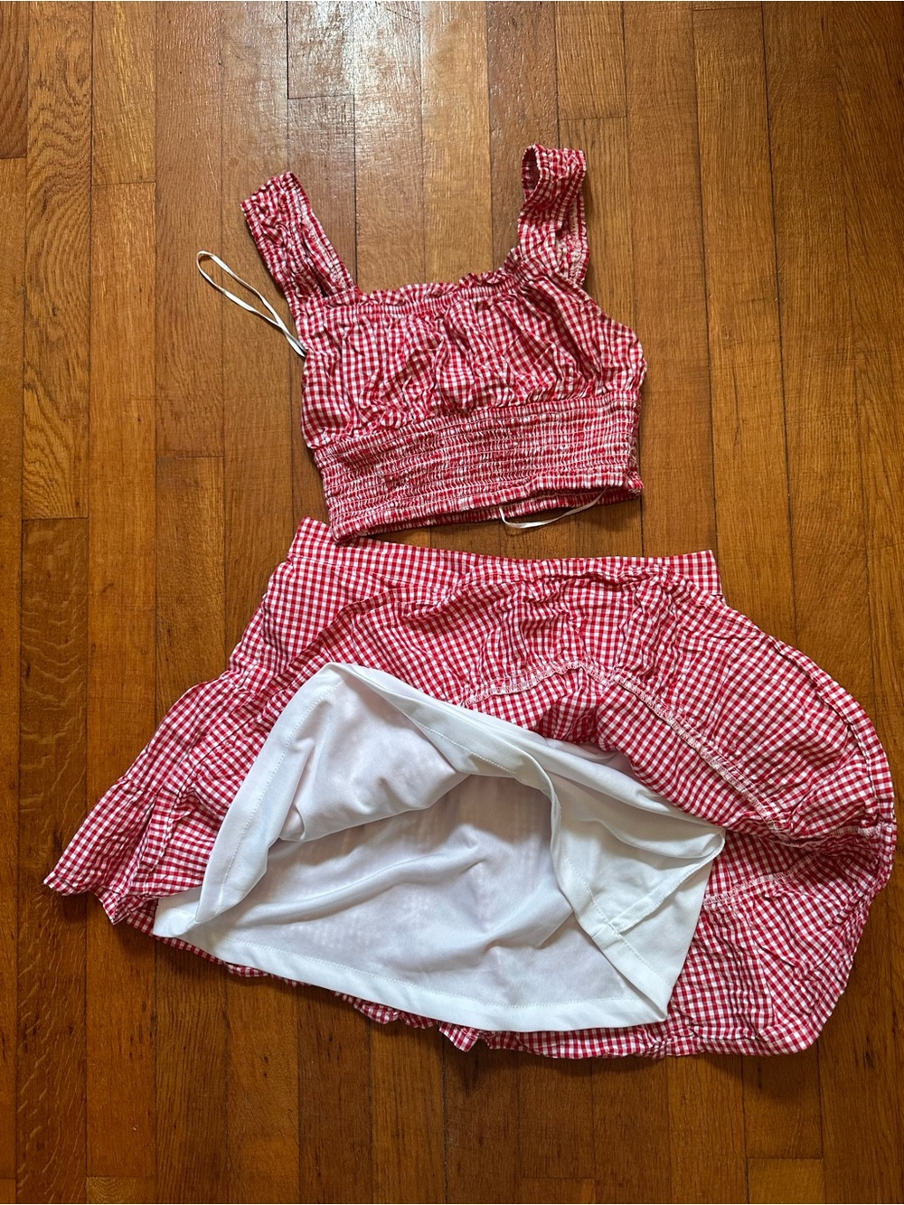 J. Crew Red Gingham Bandeau Crop Top and Skirt Set